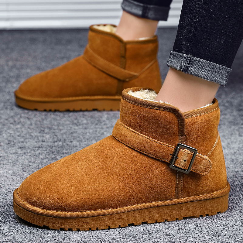 Classic Buckle Genuine Leather Snow Boots Men and Women Couple Long Fluffy Winter Shoes Cold-proof Cotton Boots Northeast Large Cotton Shoes 5859
