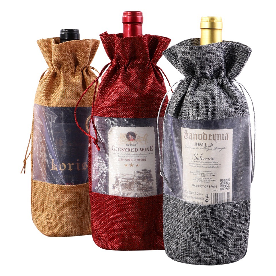 Factory dedicated window wine bottle bag drawstring creative linen bag red wine packaging bag burlap gift bag