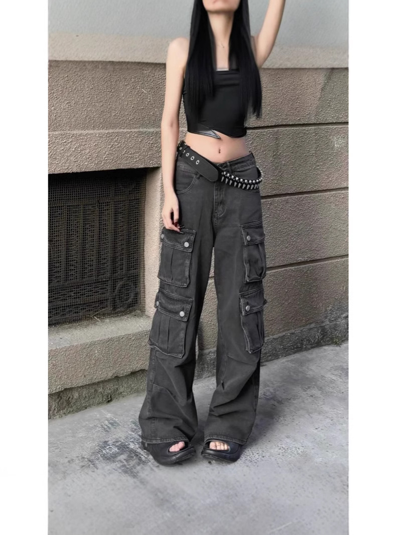 American Style New Vintage Washed High Street Pocket Tooling Jeans Women's High Street Vibe Loose Dose Casual Pants