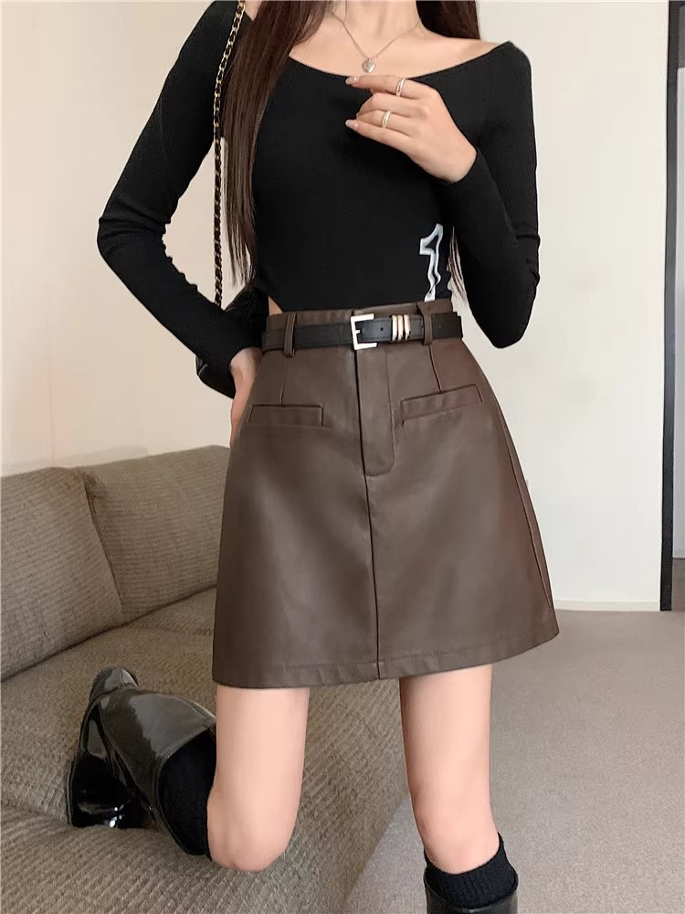 Small Leather Skirt Skirt Women's Spring and Autumn 2024 New High Waist A- Line Hip Skirt Slimming Korean-style All-match PU Leather Skirt