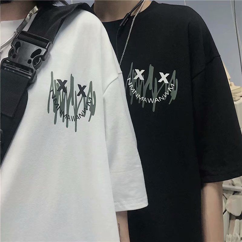 Letter graffiti printed white short-sleeved top loose couple short-sleeved T-shirt men and women fashion
