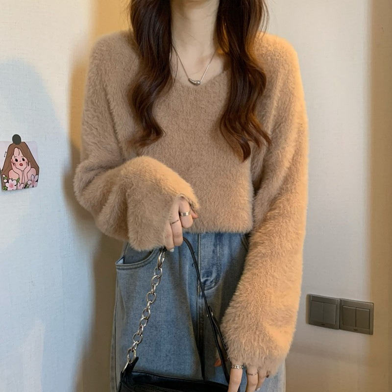 Picture of Loose Imitation Mink Velvet Knitwear for Women in Autumn and Winter, Thickeneded and Warm V-Neck with Long-Sleeved Bottoming Knitwear Top