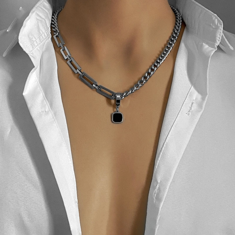 Hip-Hop Trendy Brand Simple and Versatile Black Square Earrings Necklace Women's Niche Design Titanium Steel Splicing Couple Pendant Accessories