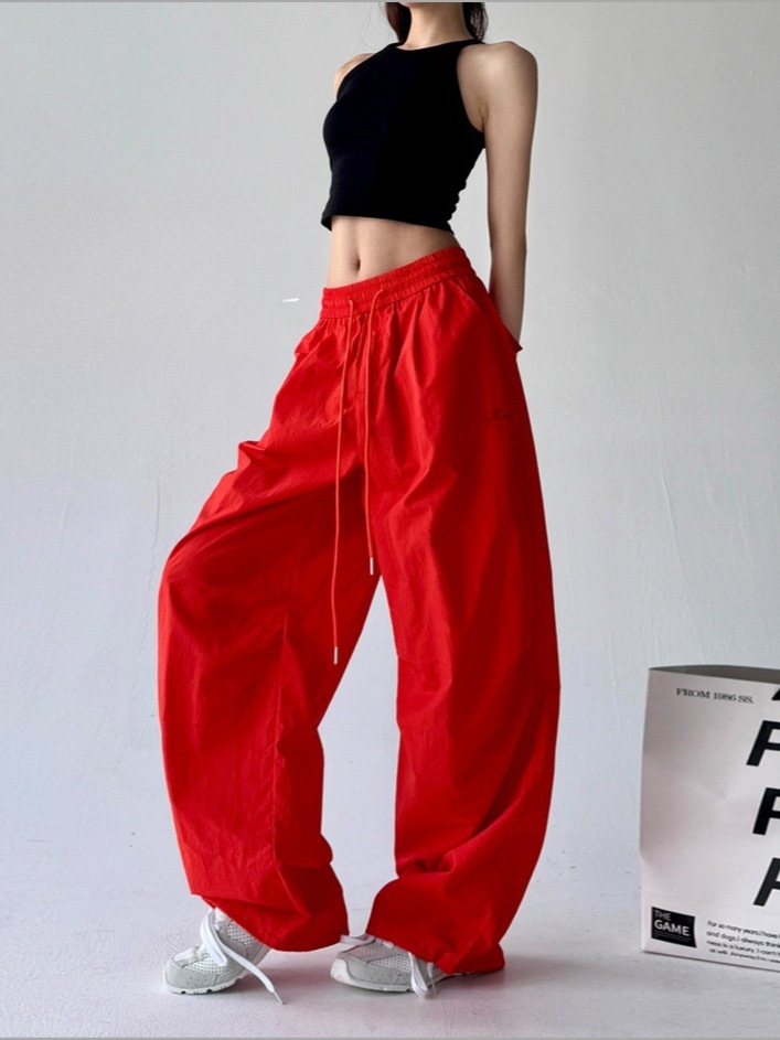Dopamine Retro Pleated Paratrooper Pants Women's Summer Thin Loose Straight Casual Wide-Leg Sports Long Pants