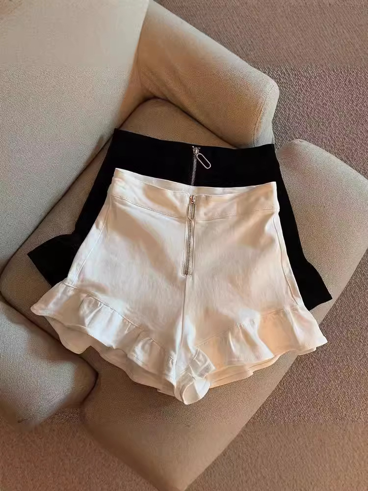 Hot Girl Ruffle Wide Leg Shorts Women's 2024 Autumn New Trendy Slim High Waist Black Casual Hot Trendy Pants
