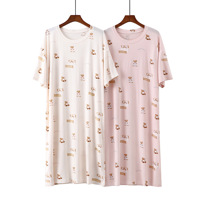 2025 Spring and Summer Nightgown Women's Modal Cartoon Bear Print Round Neck Short-Sleeved Mid-Length Dress Stretch Home Clothes