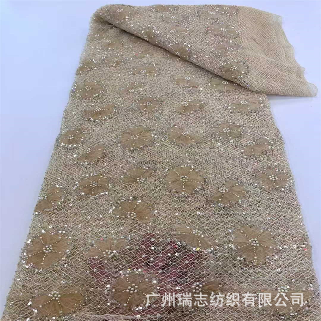 French Coarse Mesh Lace Fabric with Floral Sequins, Bead Tube Embroidery, Heavy Embroidery for Wedding Dresses and Cheongsam Skirts