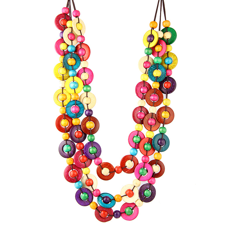 Picture of Bohemian National style necklace coconut shell pendant color multi-layer beads retro woven long necklace women