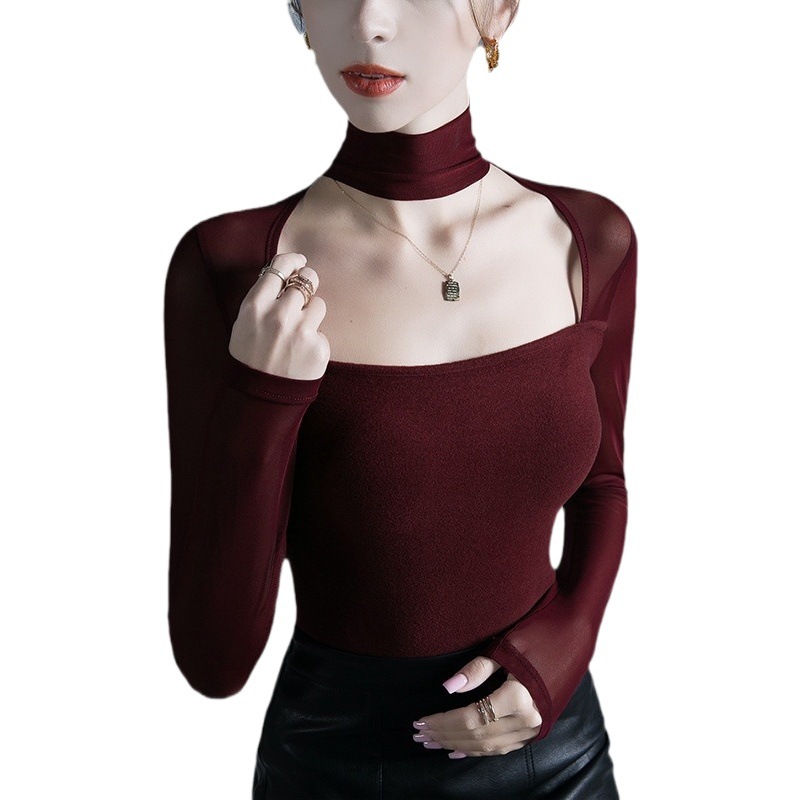 Niche collarbone design bottoming shirt winter new mesh stitching slim fit small shirt Western style sexy top for women