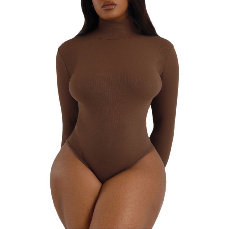 Cross-Border European and American Autumn and Winter Women's Jumpsuit High-Neck Long-Sleeve Base Shirt Bodysuit Top