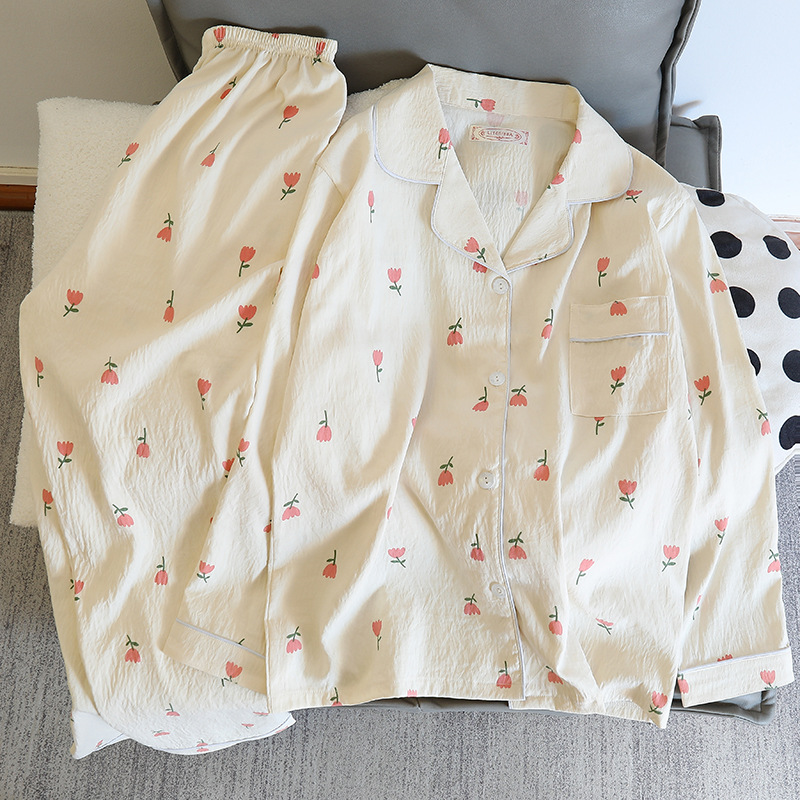 Picture of Online Celebrity Live Dopamine Color Striped Long Sleeve Pajamas Women's Loose Bubble Wrinkle Cute Cross-border suit Foreign Trade