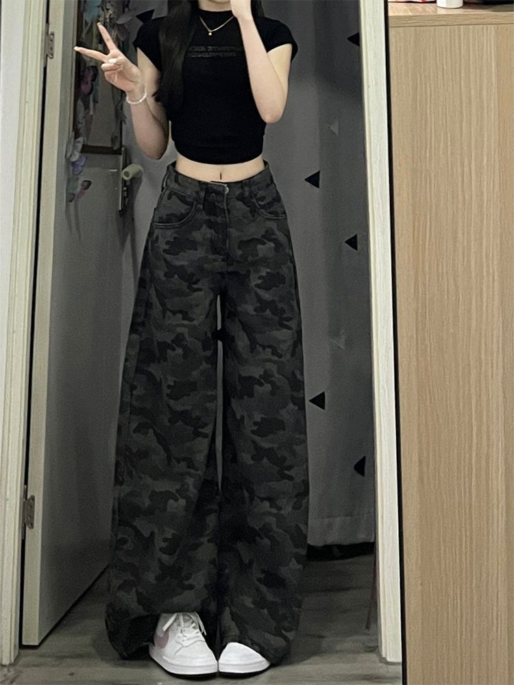 Wide-leg American workwear camouflage jeans female high-waisted pear-shaped figure small man loose drape plus-size straight-leg pants