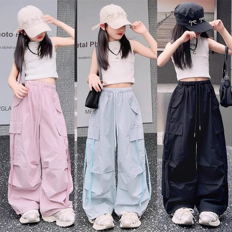 Girls' Fashion Workwear Casual Pants 2024 Summer New Children's Broad Leg Long Pants