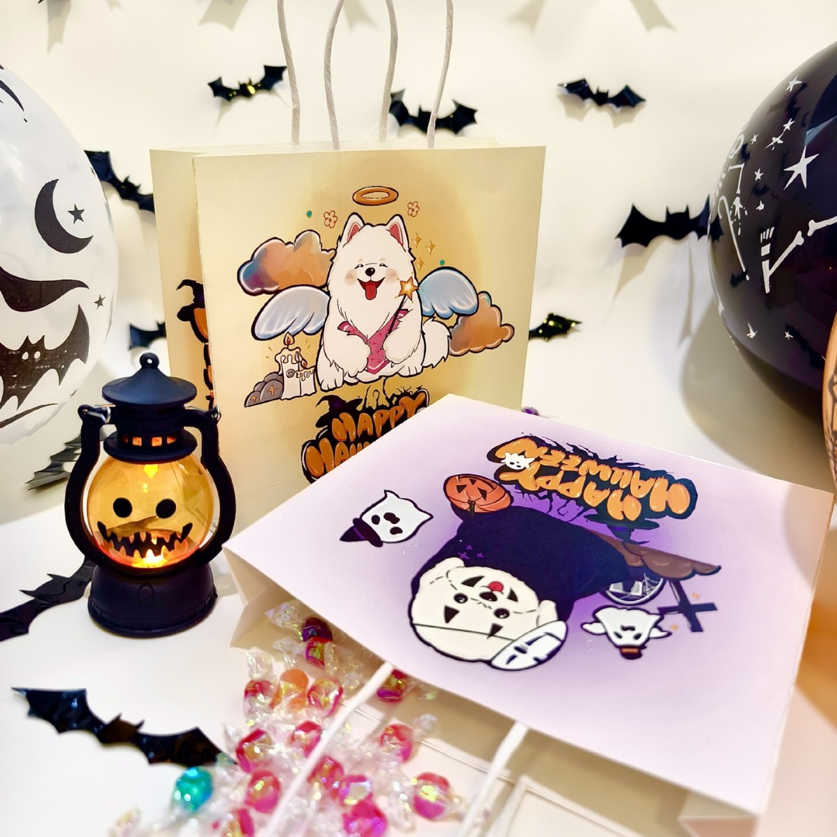 Halloween Hand-Painted Quirky Puppy Cute Cartoon Fun Creative Adorable Pet Paper Tote Bag Fun and Quirky Style