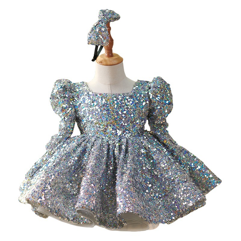 Picture of Girls' silver sequined one-year-old dress 2025 new AliExpress super fairy long sleeve puffy princess dress manufacturers supply