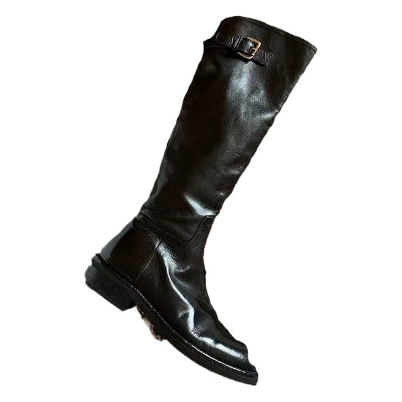Grape Mom with Washed Horse Leather European and American Round Head Belt Buckle Thick Bottom Mid-high Knights Boots Women's Knee-free Boots