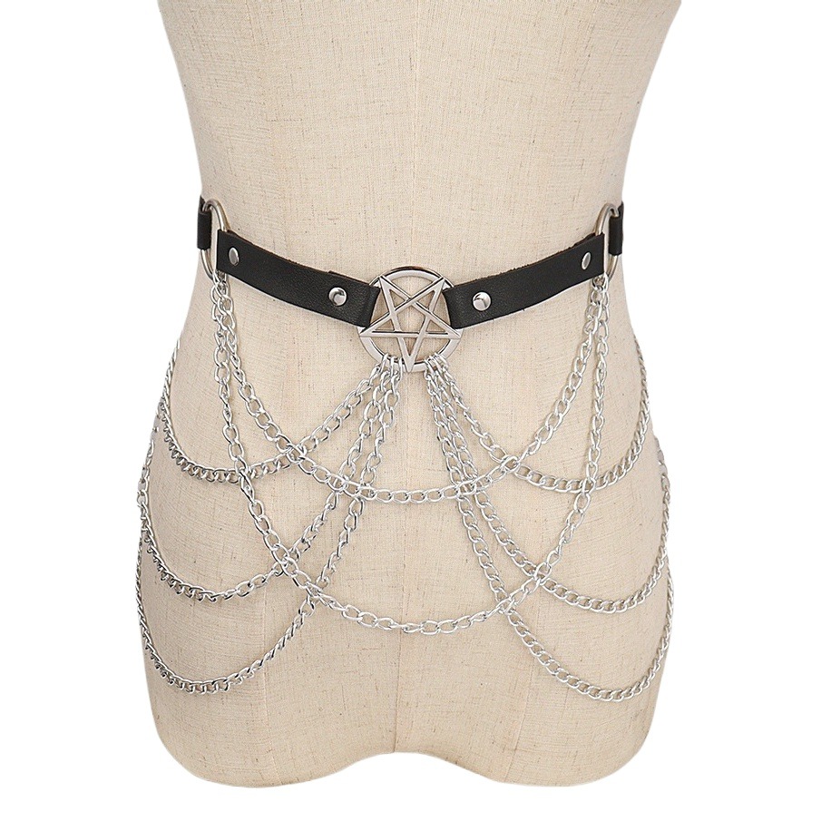 European and American cross-border five-pointed star chain leather sexy belt body chain multi-layer cross hollow tassel waist chain for women