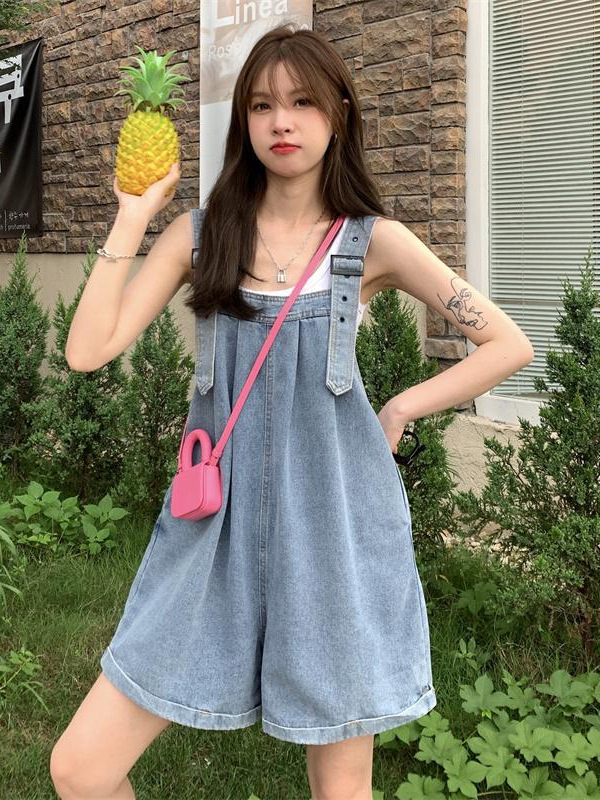 College Style Fashionable Short Rolled-Up Denim Overalls for Women, New Summer Style, Loose Fit, Age-Reducing, Petite Hot Girl Shorts