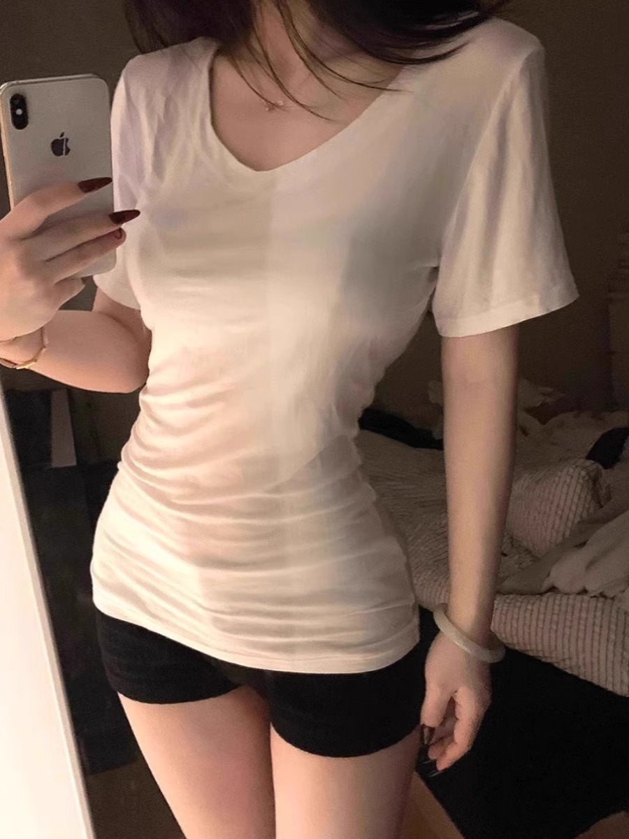Super Slim Summer Dipping Sense Shoulder Tight Waist V-Neck Short Sleeve Top Base Good Wear Beware Spice Girls T-Shirt Women