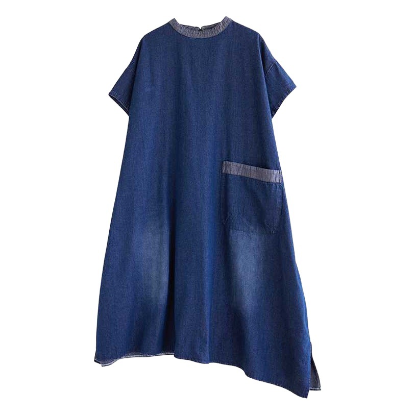2024 Summer new Korean style plus size Denim loose short sleeve irregular mid-length dress