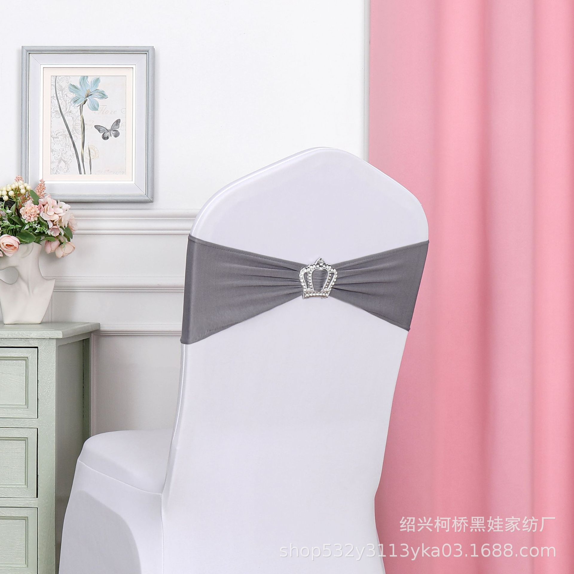 Picture of Chair Back Flower Bow Crown Diamond Buckle Elastic Banquet Chair Set Decoration Free Wedding Strap Ribbon Wedding Ribbon