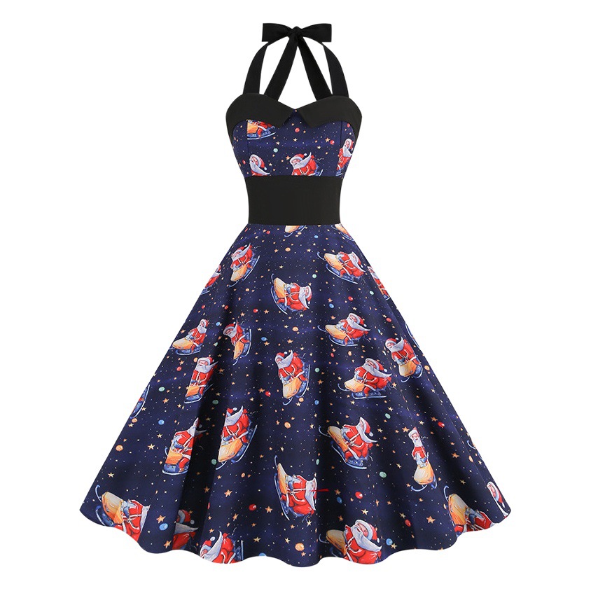 Christmas party dress 50 s carnival vintage elk printed halter dress cross-border women's clothing in stock