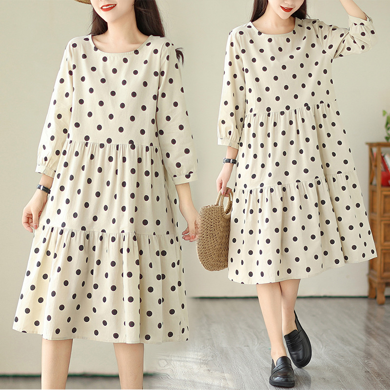 Real shot 2024 spring new French mid-length loose half sleeve polka dot dress artistic Tower skirt A- Line skirt
