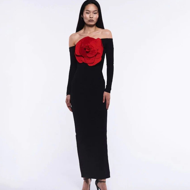 Picture of Cross-border Sexy Strapless Banquet Evening Dress Long Dress Slim-fit Backless Fashionable Short-sleeved Decorative Flower dress