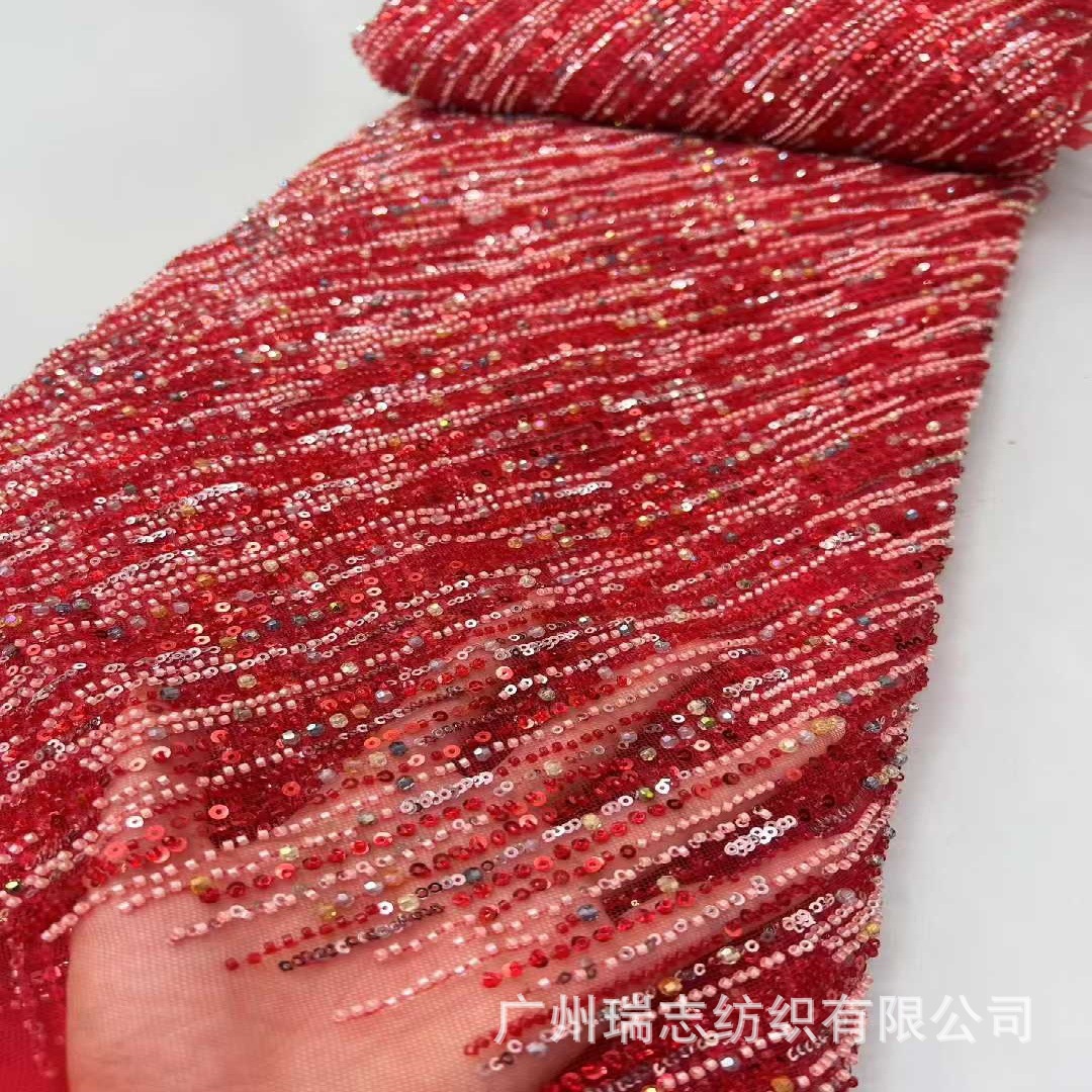 Beveled stripe super flash glass diamond colored bead tube sequin embroidery wedding dress banquet dress fashion fabric beaded