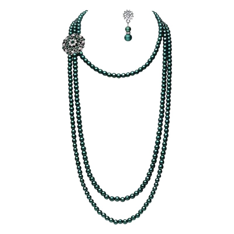 European and American foreign trade necklace jewelry temperament bride artificial pearl crystal diamond long three-layer necklace earrings combination