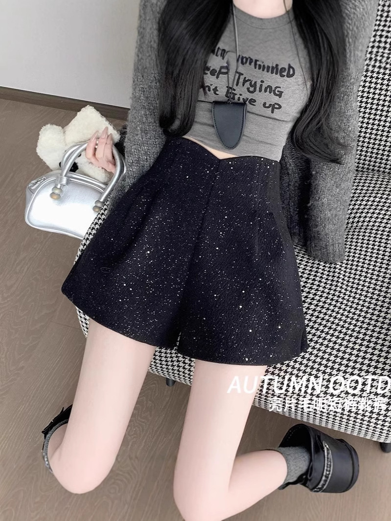 European Sequin Woolen Shorts Women's Autumn and Winter 2024 New Outfit Bottoming Boots High Waist A- Shaped Wide-Leg Pants