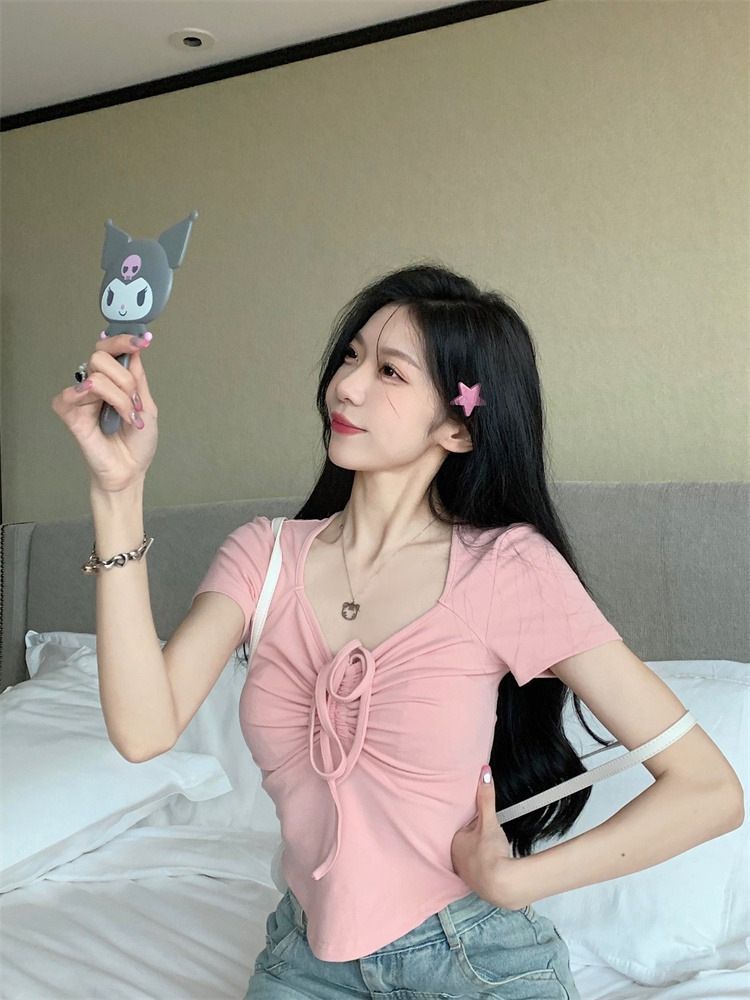 Short-sleeved T-shirt Summer Women's New Korean-style Pure Spice Girl Design Drawstring Square Collar Slim-fit Slim-fit Short Top