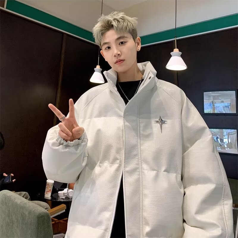Cross-border American Street Sense Letter Printed Coat Autumn and Winter Niche High Street Style Hip-hop PU Leather Couple Down Cotton-padded Coat