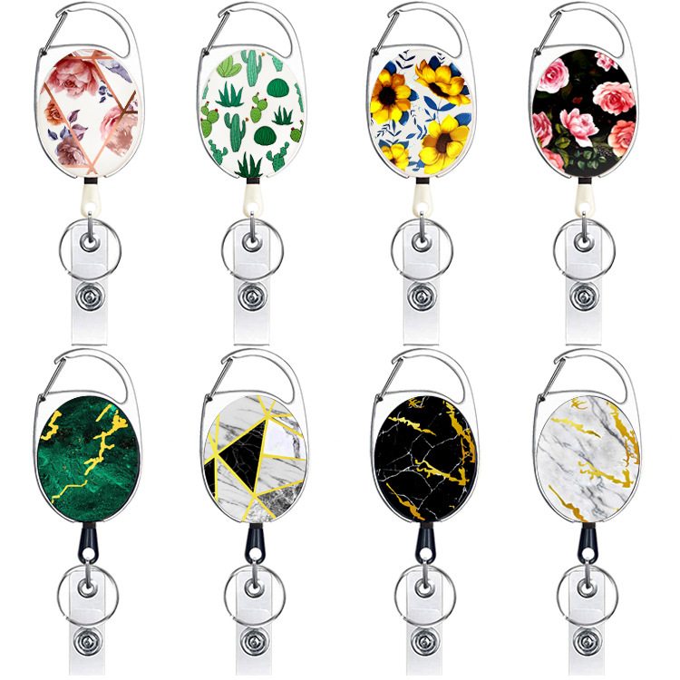 Spot zinc alloy small floral marble telescopic easy pull buckle metal easy pull key buckle Badge clip custom