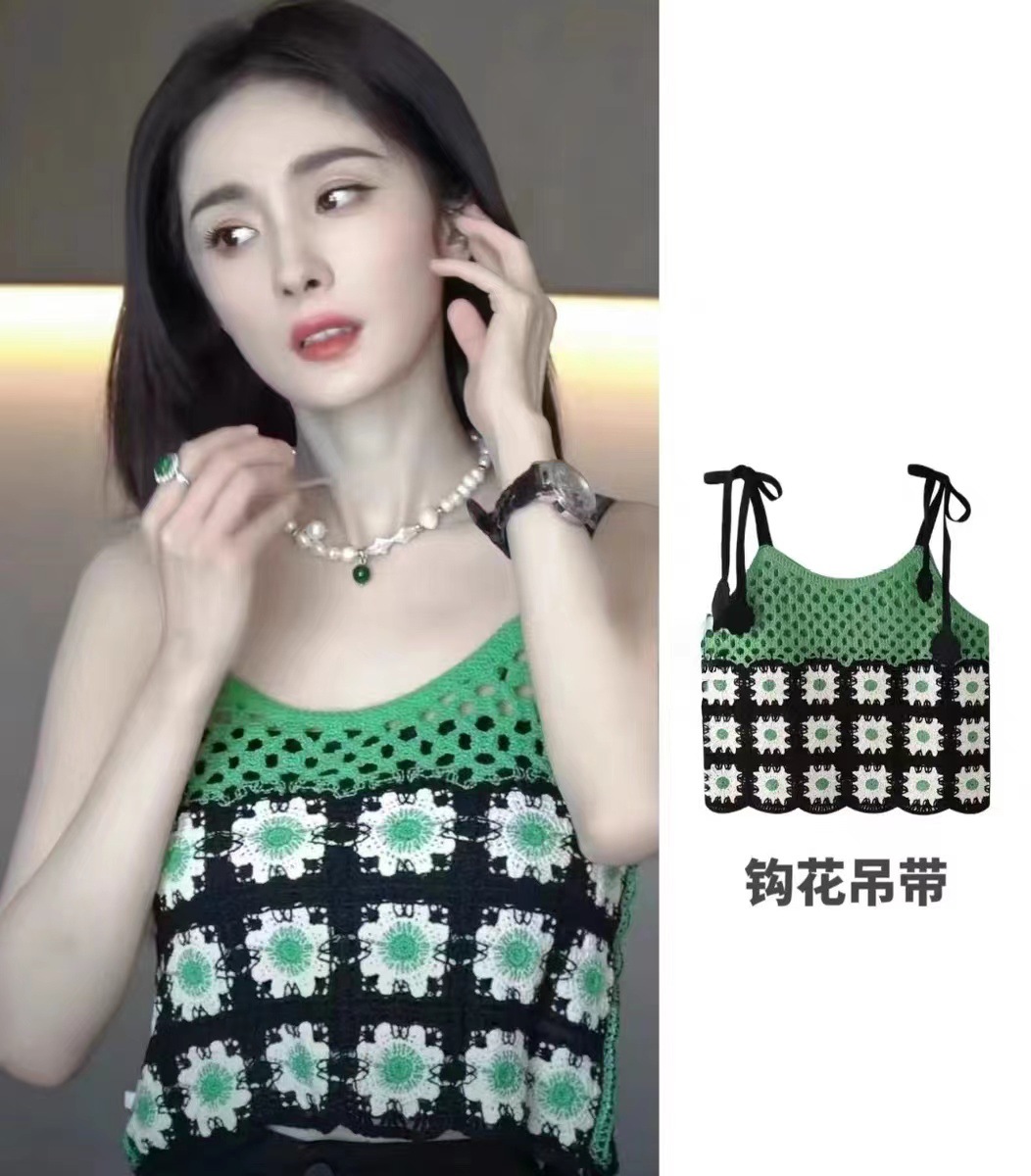 Personalized lace-up color matching knitted camisole women's summer sweet and spicy all-match mesh sexy hollow top