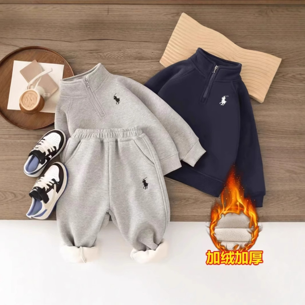 Children's fleece-lined clothing tide brand children's clothing 2024 winter thick warm sports suit Korean boys 2-piece set tide