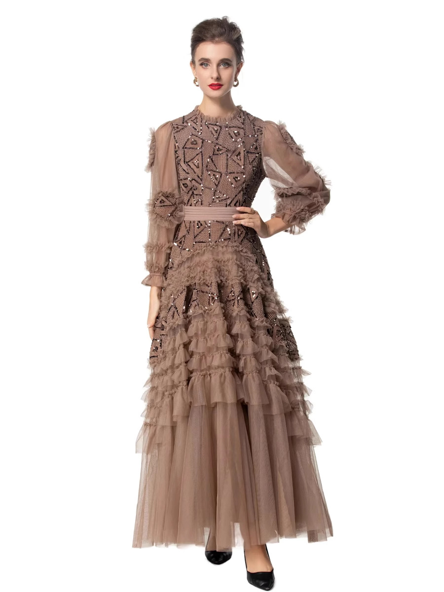 European and American Socialites Spring and Summer Women's 2025 Luxury Sequin Beaded Ruffled Princess Long dress