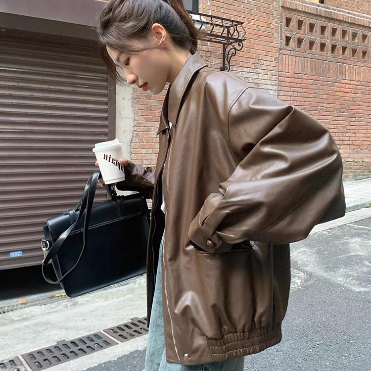 Picture of Retro Brown Leather Jacket Women's Short 2025 Autumn and Winter Small Korean Style Loose Leather Jacket Handsome Motorcycle Jacket