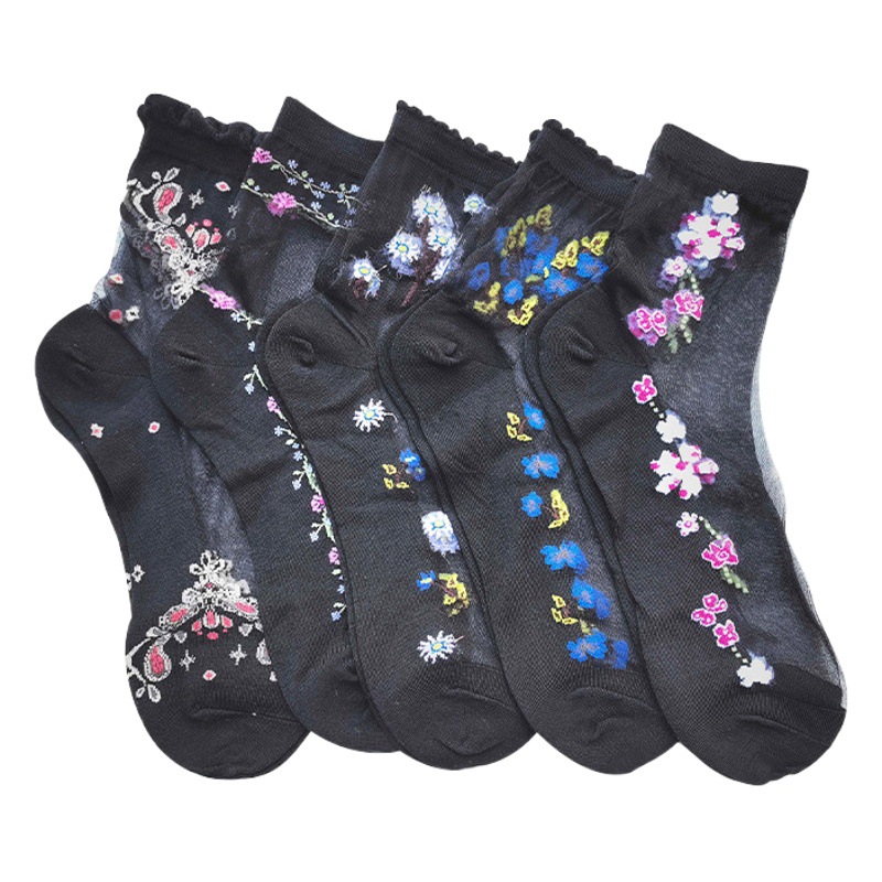 European and American popular women's mid-calf Crystal stockings spring and summer thin embroidered glass Silk women's socks middle-aged and elderly non-slip socks