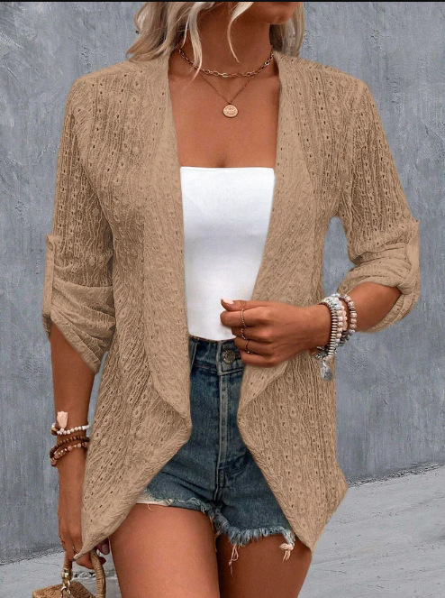 Picture of in stock 2024 Europe and the United States new solid color lapel cardigan lace coat coat cross-border air conditioning mountain