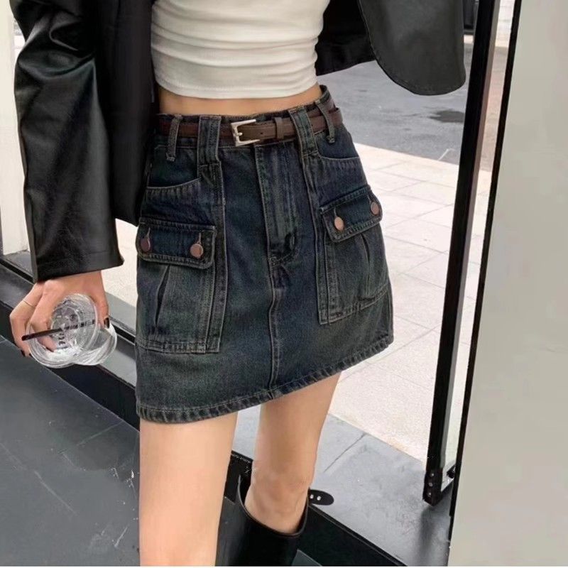 High Waist Spice Girl Retro Denim Skirt Women's 2024 Summer New All-Match Slim Look Tooling Design A- Line Skirt