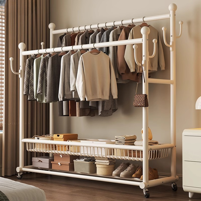 Clothes Hanger Bedroom Floor-Standing Household Room Indoor Double-Rod Clothes Rack Movable Multifunctional Coat Rack