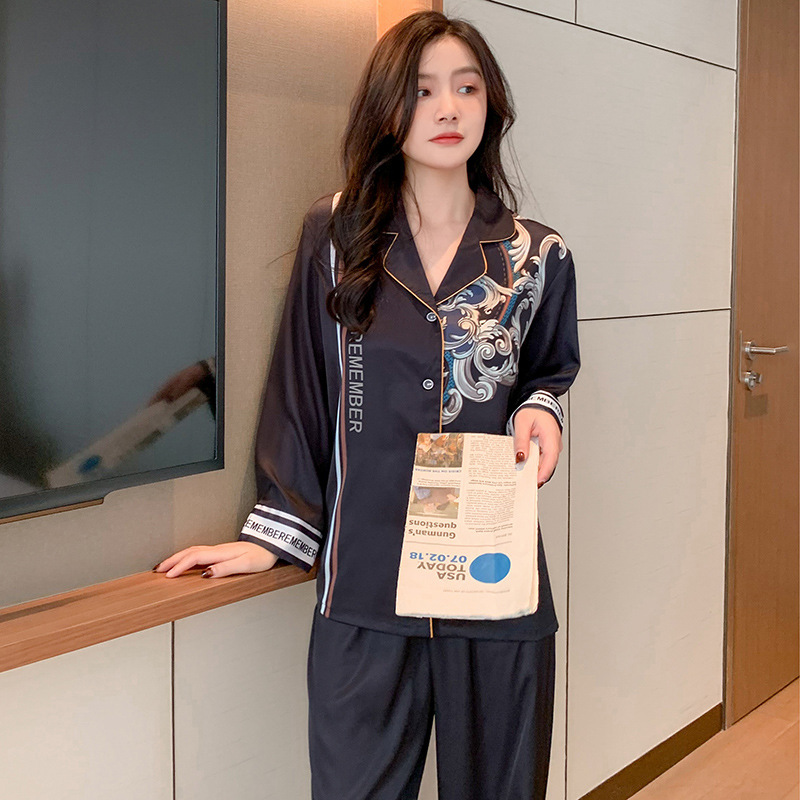 Ice and Snow Silk Pajamas Women's Spring and Summer New Digital Printing Long-sleeved Satin Two-piece Casual Home Clothes Autumn