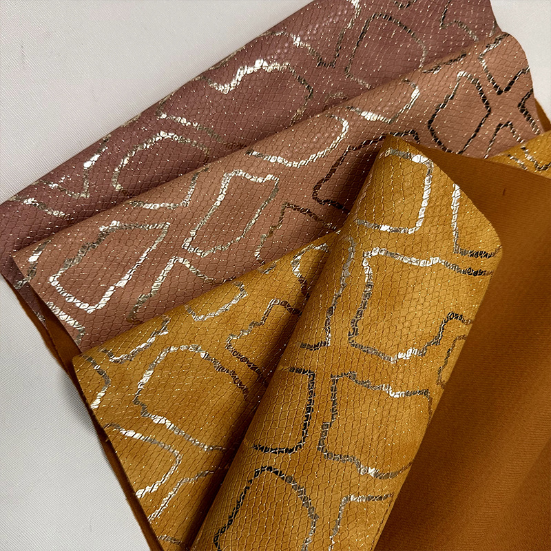Picture of Metal Cut Hot Snake Gold Silk Pearlescent Embossed PU Imitation Cotton Fleece Material for Shoes Bag Double Color Black Leather Fabric