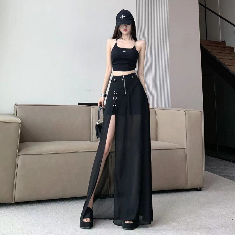 Diablo Hot Girl Metal Shorts Stitching Mesh Skirt Women's 2024 Summer New High Waist Slimming Split Dose Long Dress