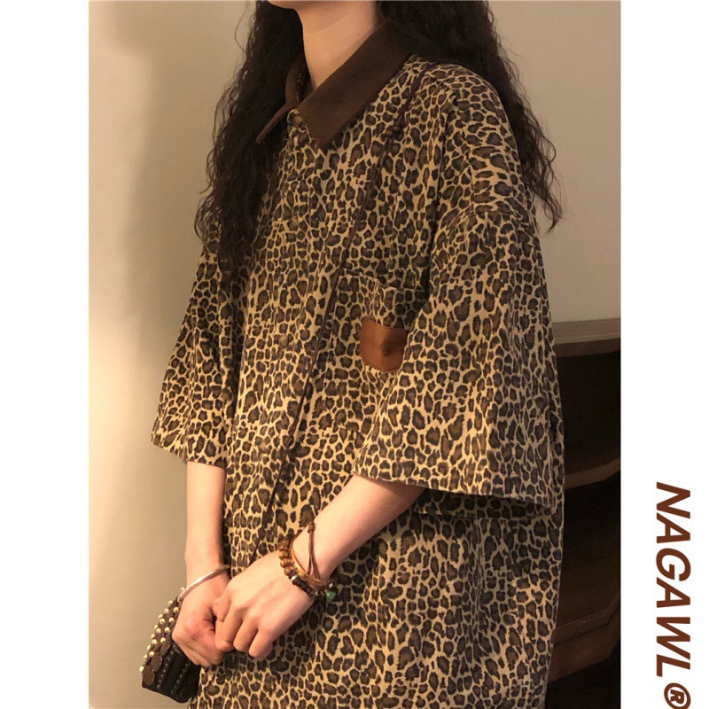 2024 Spring American Style Retro Loose Street Fashion Brand Leopard Print Short Sleeve Shirt Female Couple Top Male
