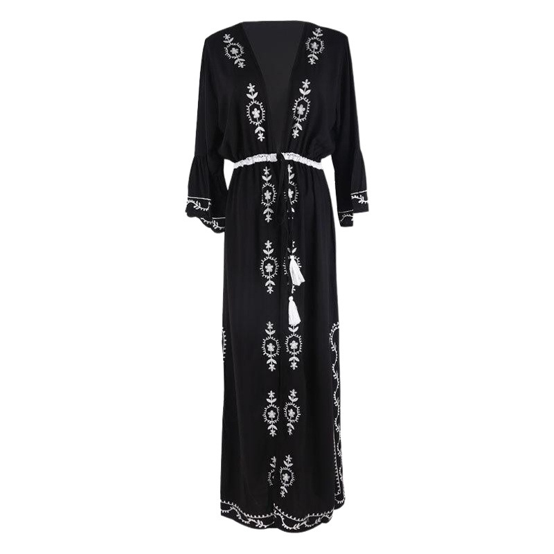 New Rayon Black and White Embroidered Long Cardigan Beach Sun Protection Jacket Bikini Vacation Cover-Up Swimsuit Outer Wear for Women