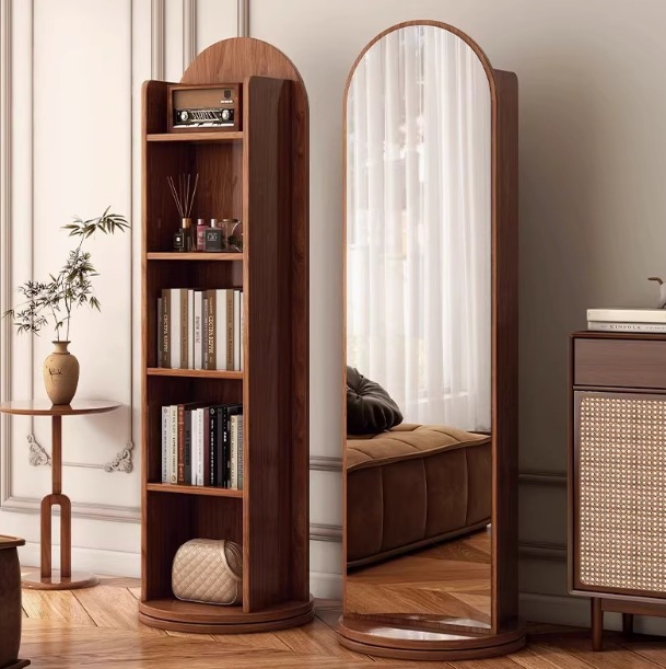 Rotating dressing mirror, full-length mirror, floor mirror, home living room, bedroom magazine bookshelf, rotating storage integrated fitting mirror