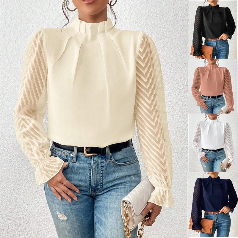 2024 Europe and the United States Amazon cross-border women's autumn and winter new half-high collar stitching wave chiffon long sleeve top