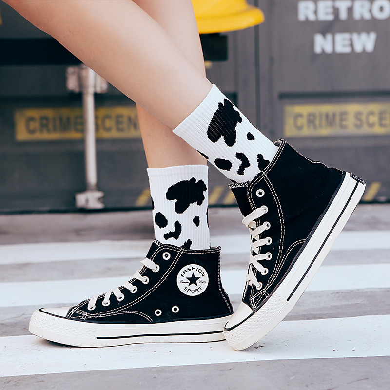 Picture of Socks Women's Spring and Summer Classic Black and White Cow Japanese Style Mid-Tube Socks Harajuku Distinctive Fashionable Socks Ins Sports Skate Socks